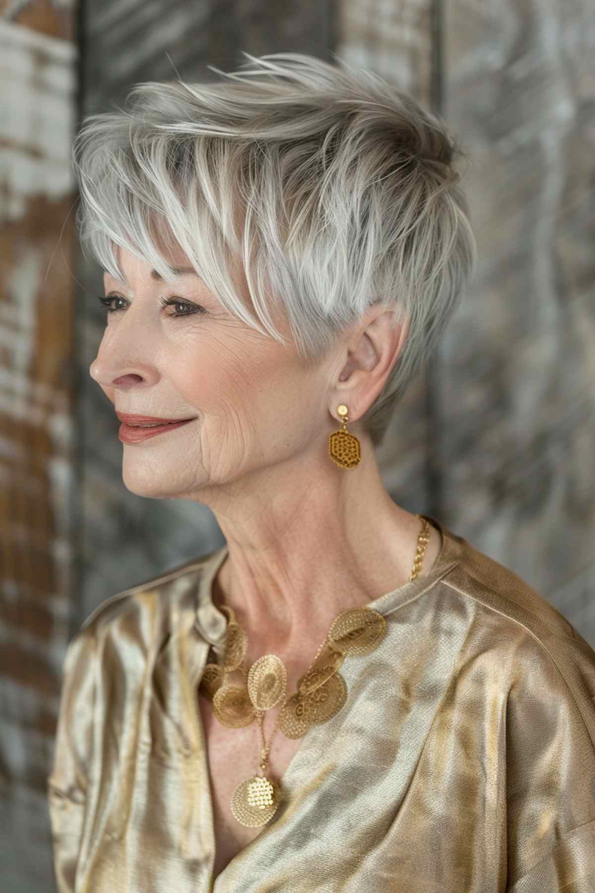 Senior woman in a gold blouse sporting a stylish feathered pixie cut with natural gray and silver highlights, exuding elegance and sophistication.