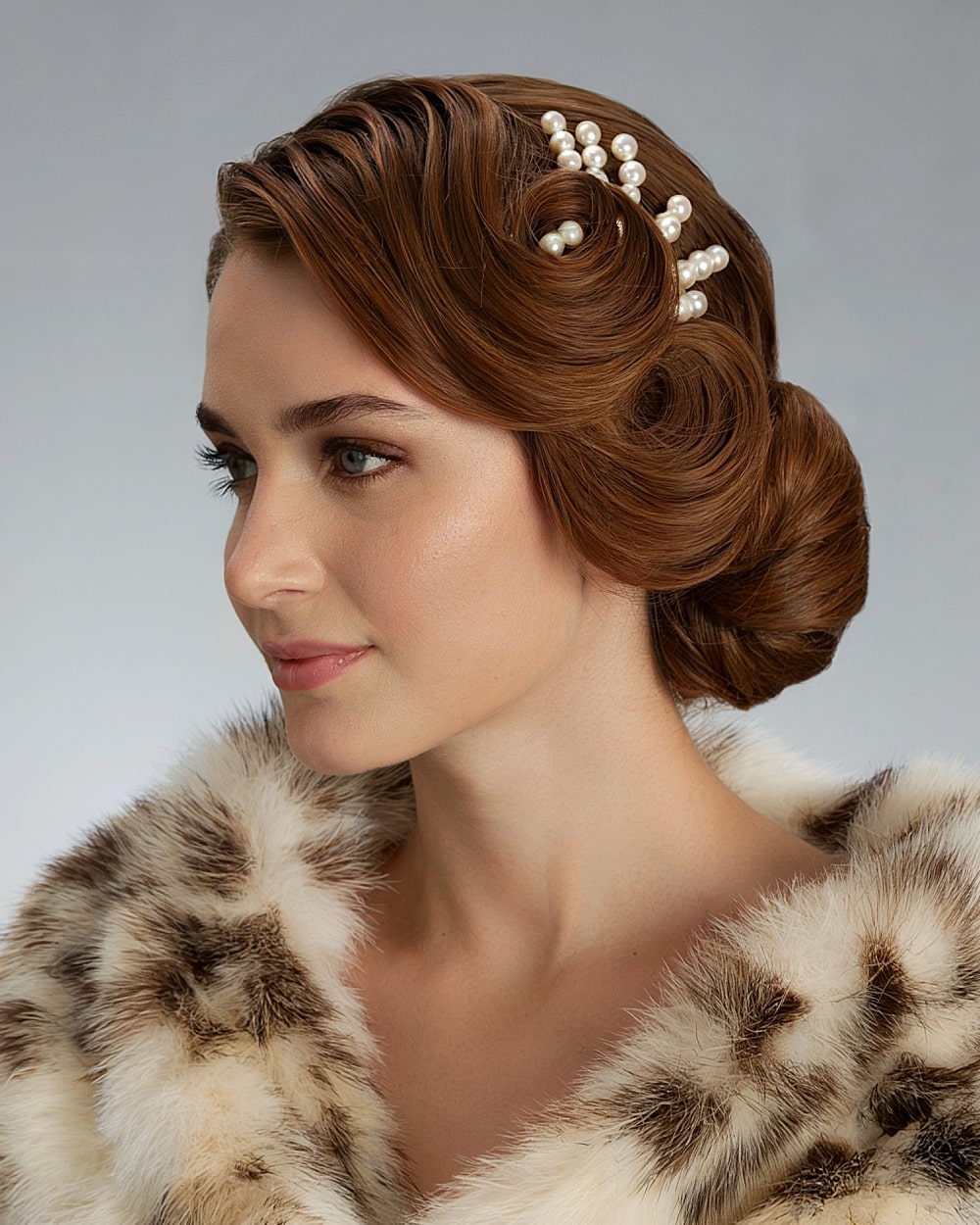 Velvtwist French twist updo with vintage sculpted rolls and pearl hair accessory