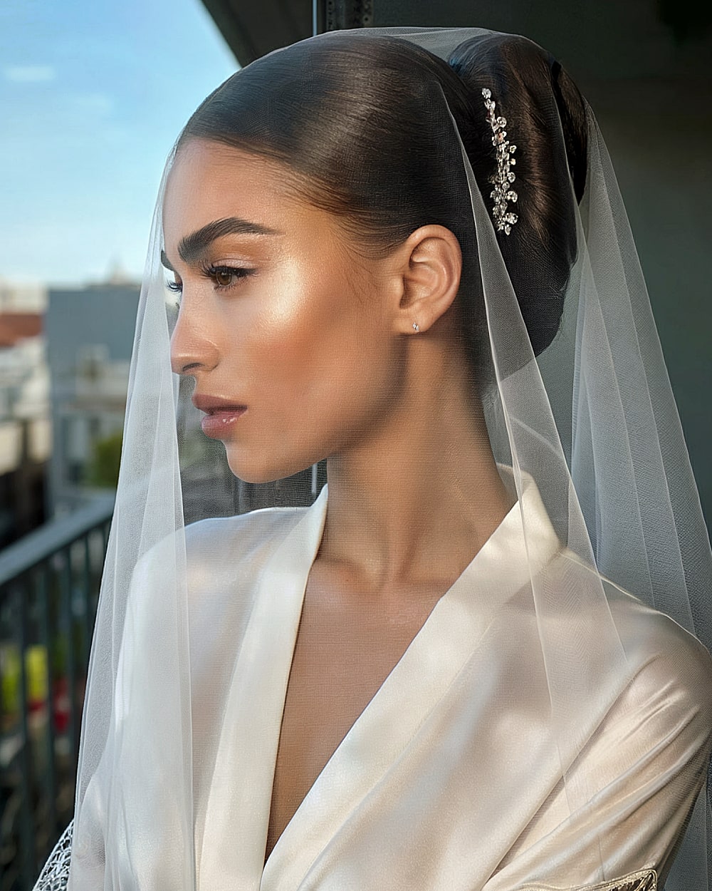 Elegant French twist with veil and crystal hairpin for sleek bridal style