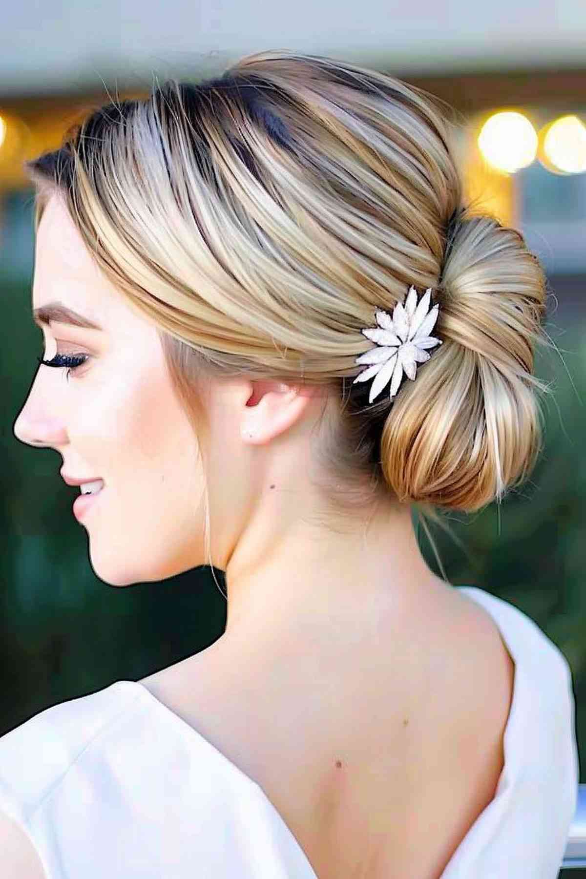 Polished low bun with a floral hair accessory for gala elegance.