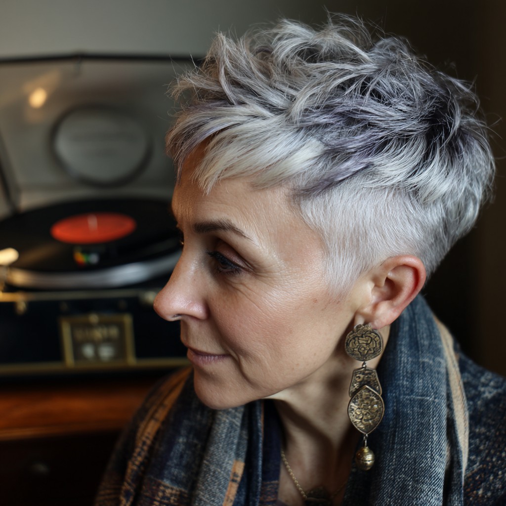 Choppy Textured Pixie with Subtle Lavender Highlights