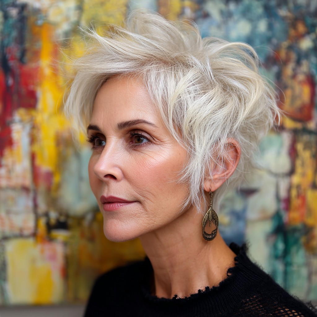Textured Platinum Pixie Cut with Wispy Layers