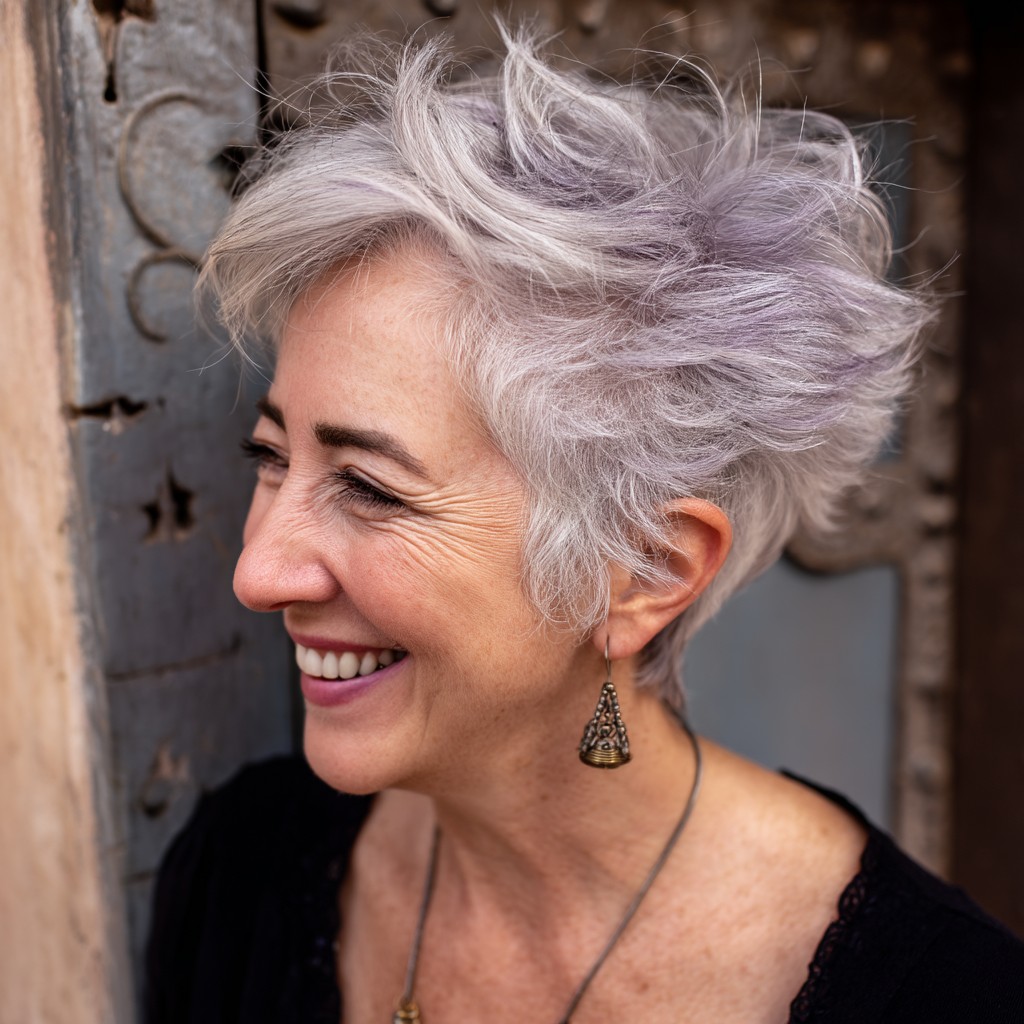 Textured Silver Pixie Cut with Soft Lavender Highlights