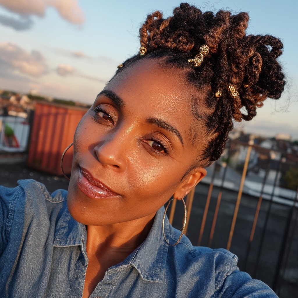 Textured High Bun with Twisted Locs and Decorative Accents