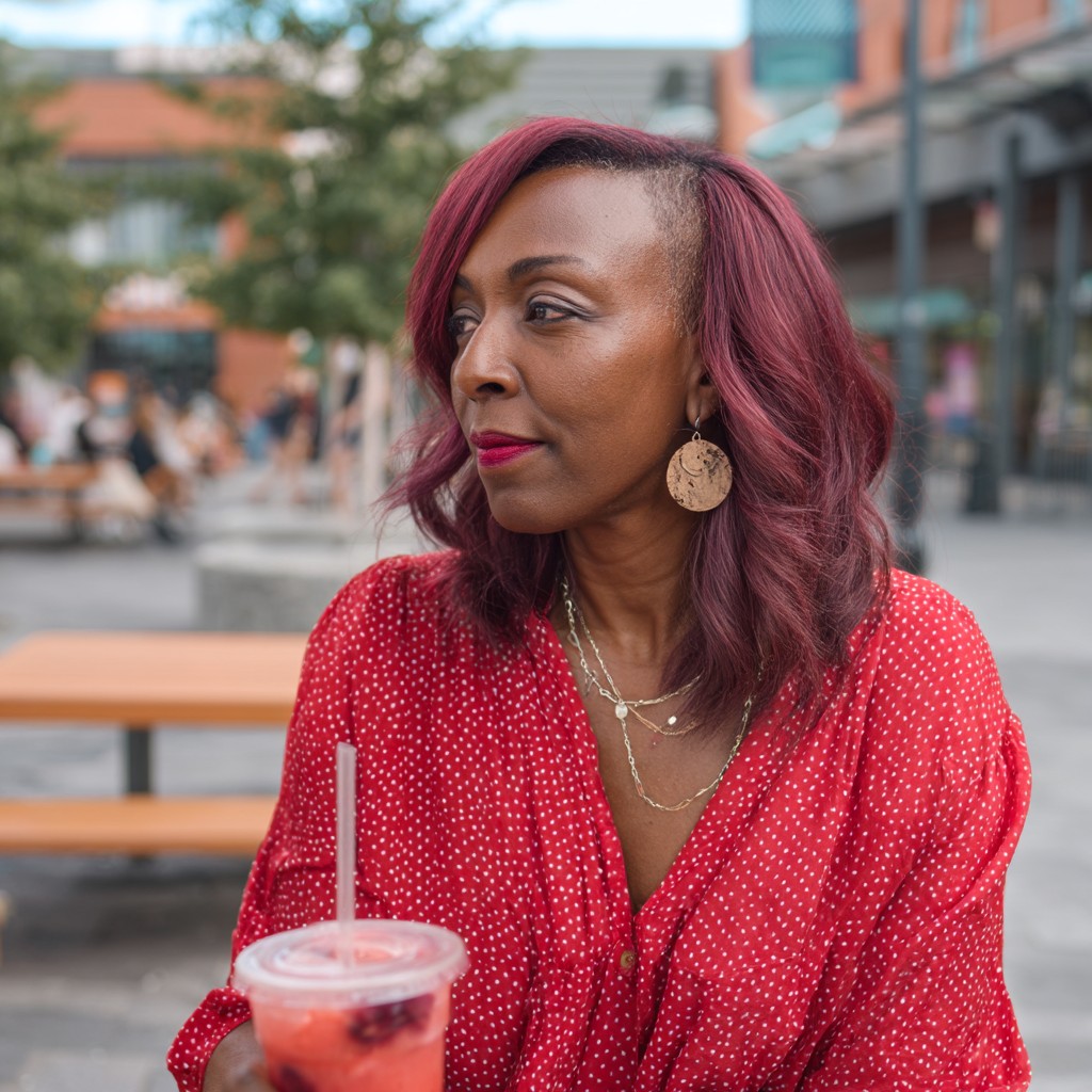 Bold Asymmetrical Lob with Deep Burgundy Highlights