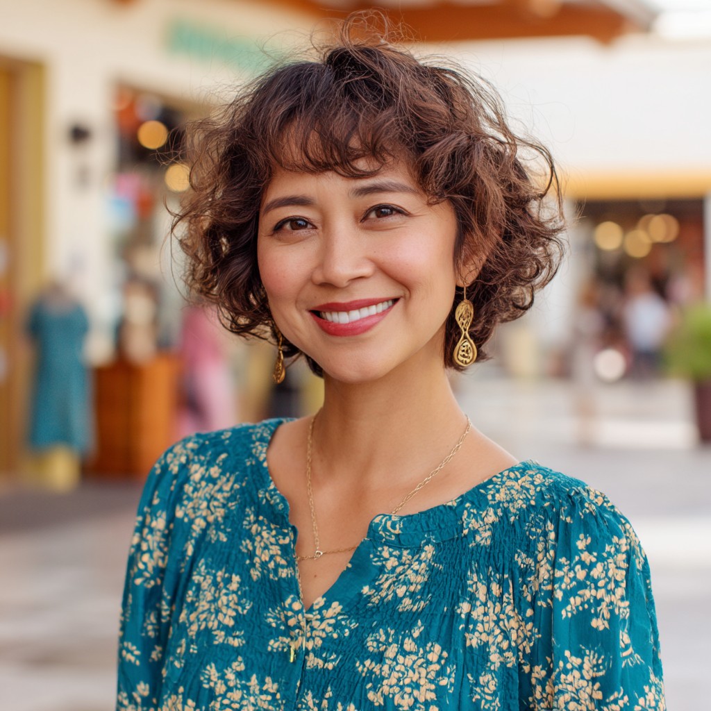 Chic Short Brown Curly Cut with Defined Bangs