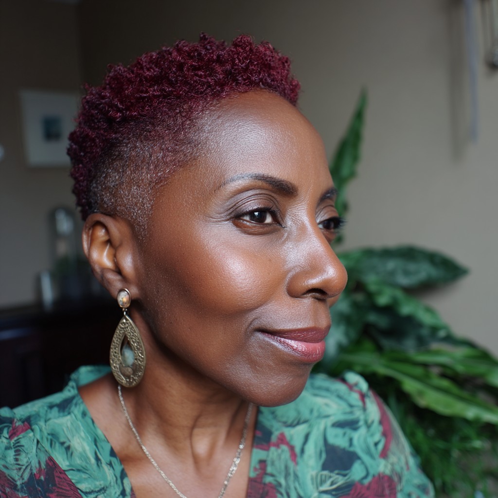 Chic Short Burgundy Curls with Shaved Sides