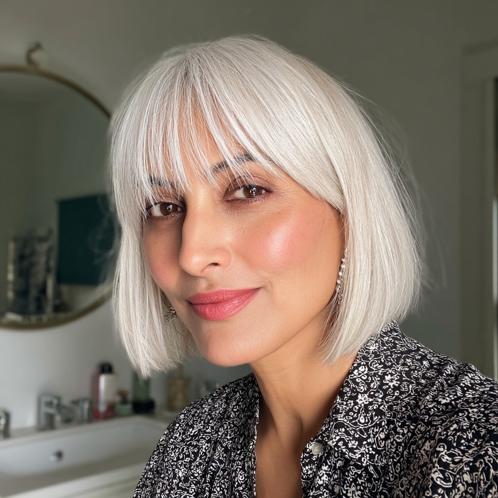 Chic Silver Blunt Bob with Soft Bangs