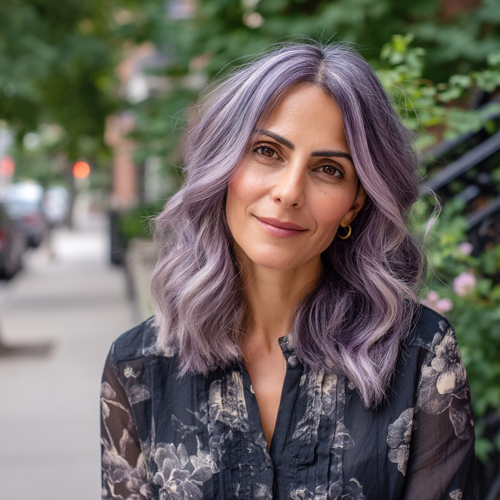 Chic Wavy Lob with Lavender Highlights