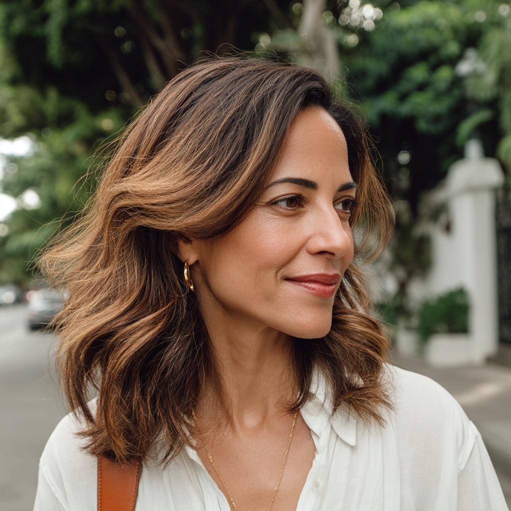 Effortlessly Chic Medium-Length Cut with Warm Caramel Balayage
