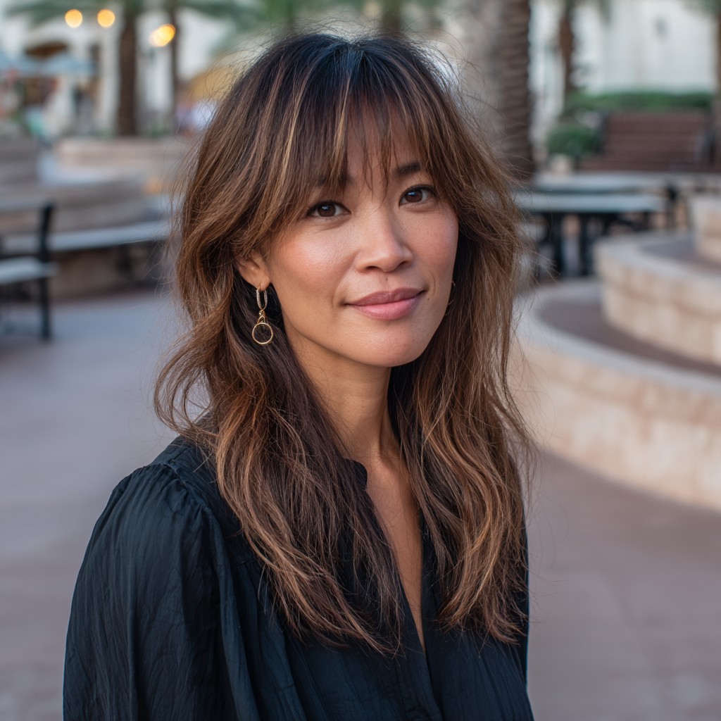 Effortlessly Tousled Brown Hair with Soft Bangs
