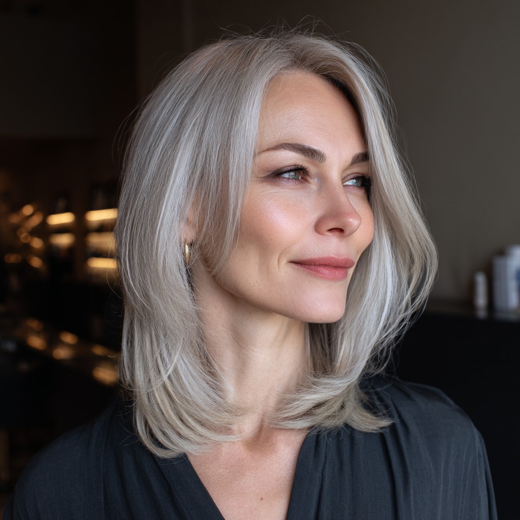 Elegant Silver Layered Cut with Face-Framing Highlights