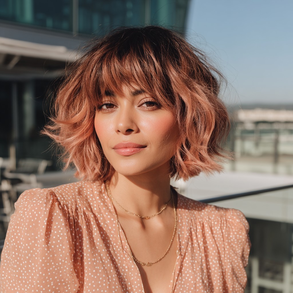 Playful Wavy Bob with Soft Rose Highlights
