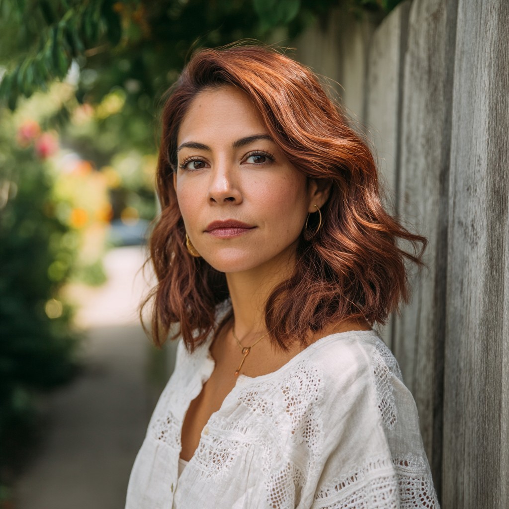 Stylish Slightly Wavy Red Lob with Face-Framing Layers