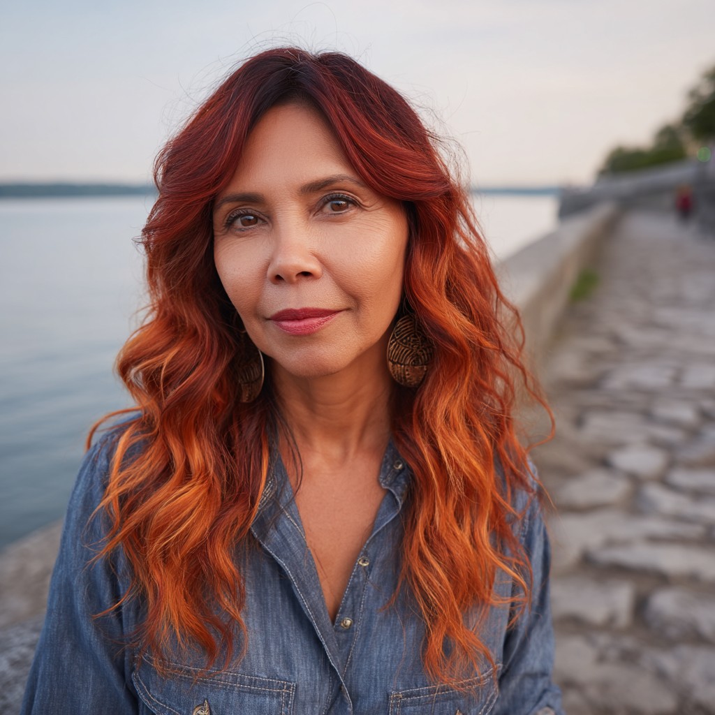 Sunset-Inspired Wavy Red Tresses