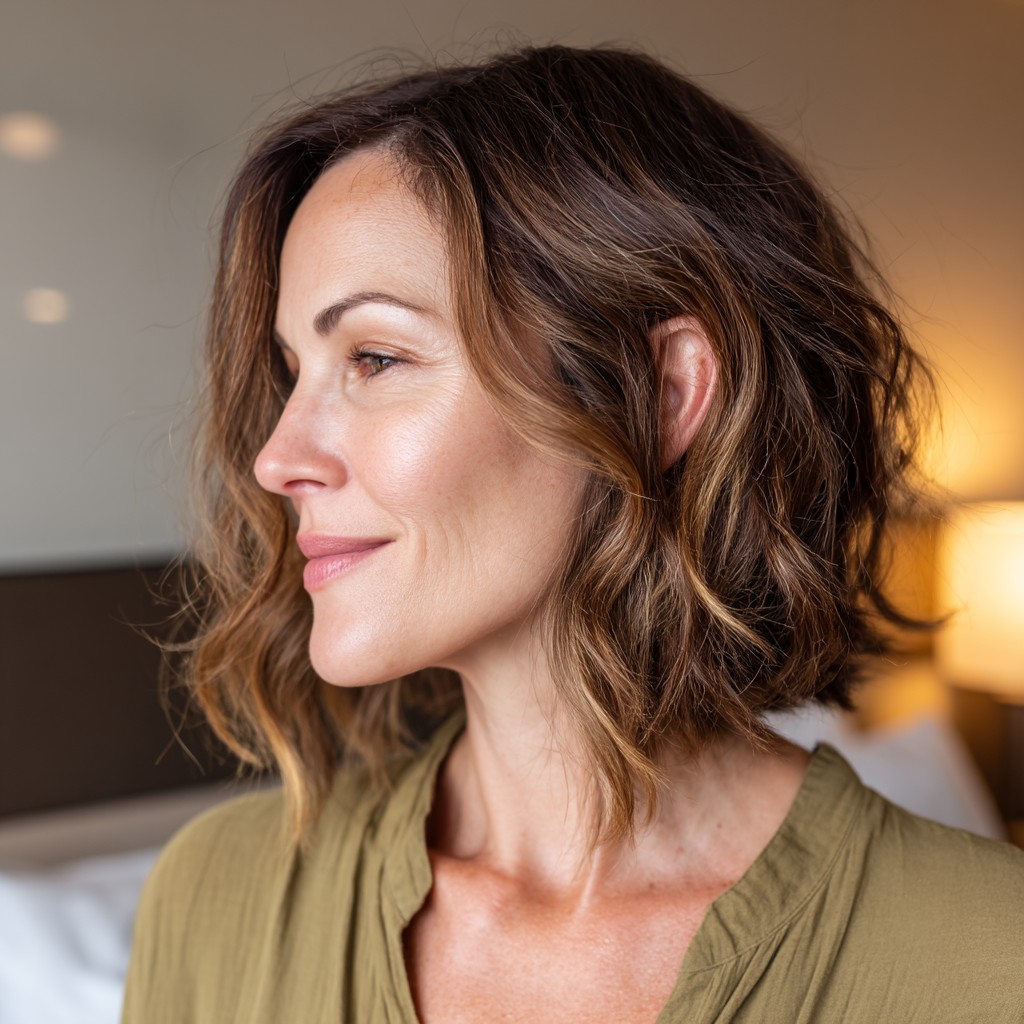 Textured Brown Wavy Bob with Warm Undertones