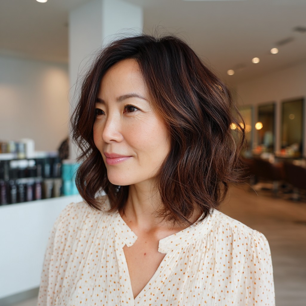 Textured Brown Wavy Lob with Soft Volume