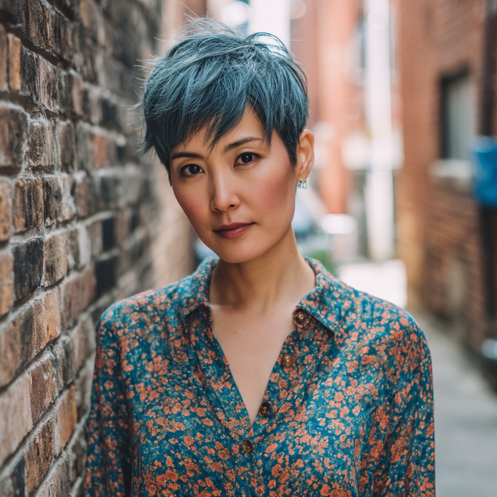 Textured Short Pixie Cut with Icy Blue Undertones