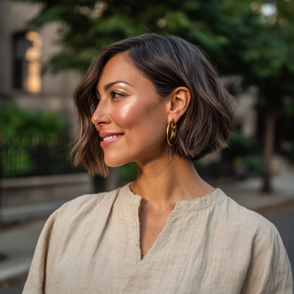 Trendy Brown Textured Lob with Subtle Waves
