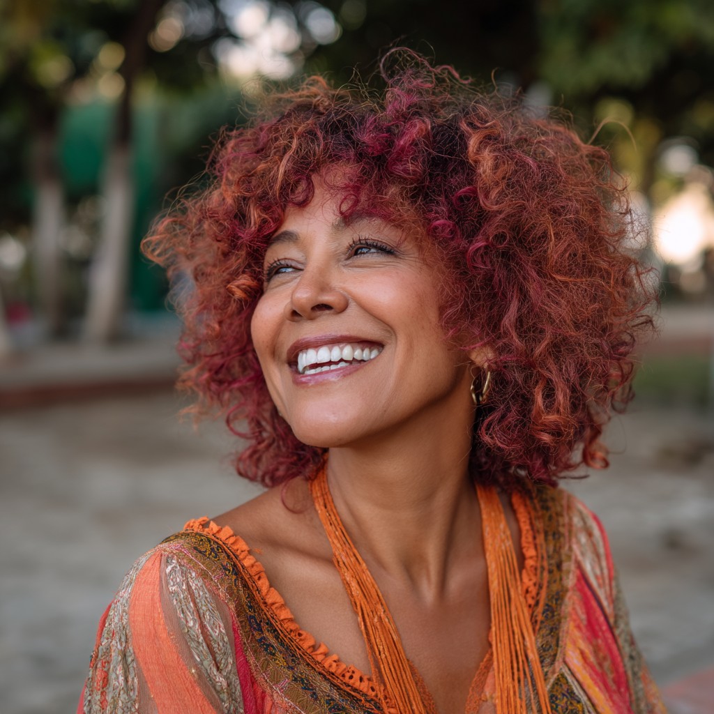 Vibrant Curly Red Hair with Bold Highlights