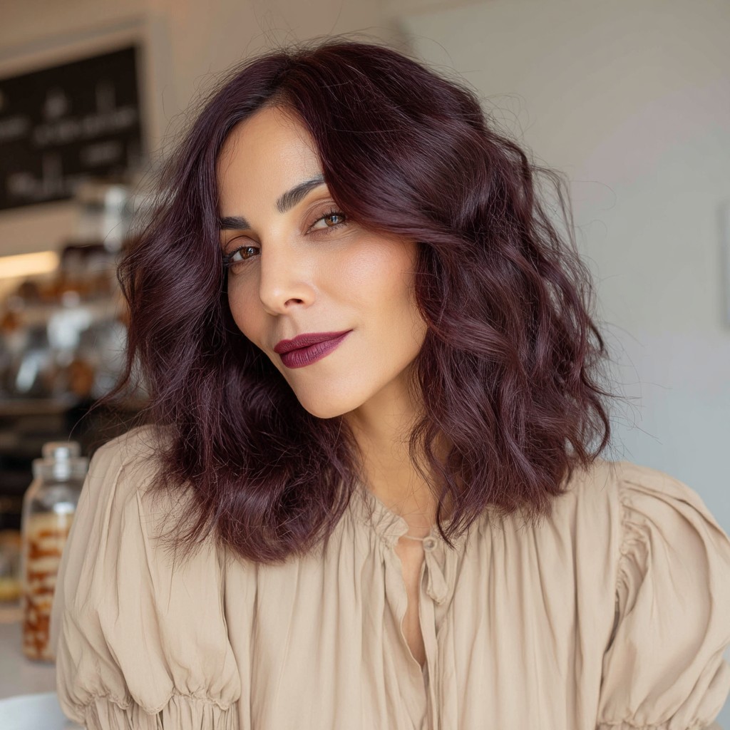 Voluminous Textured Bob with Rich Burgundy Undertones