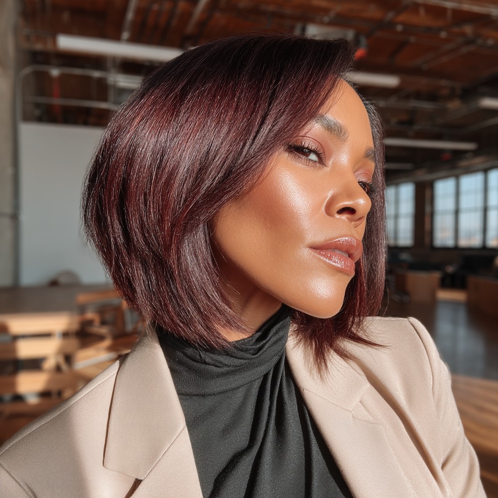 Bold Angular Bob with Rich Burgundy Tones