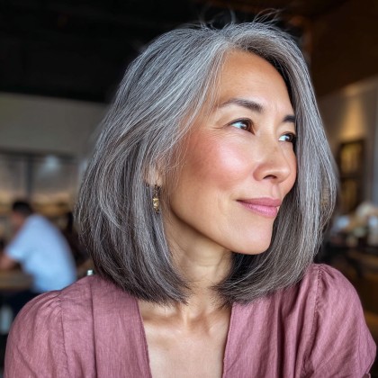 Chic Blunt Gray Lob with Soft Lowlights
