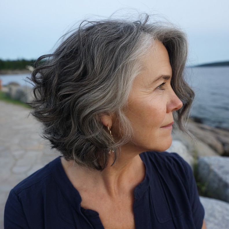 Chic Curly Gray Hair with Subtle Lowlights