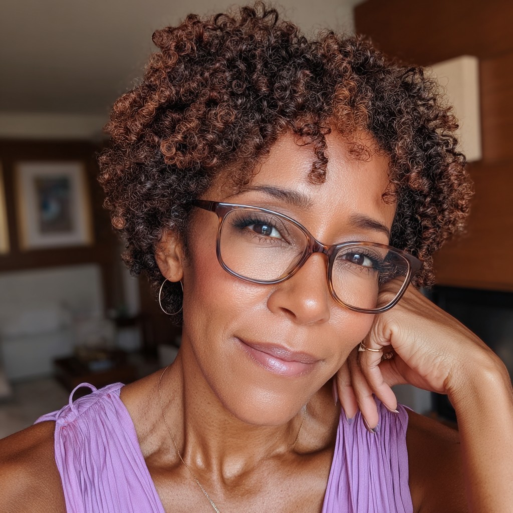 Chic Curly Short Cut with Warm Highlights