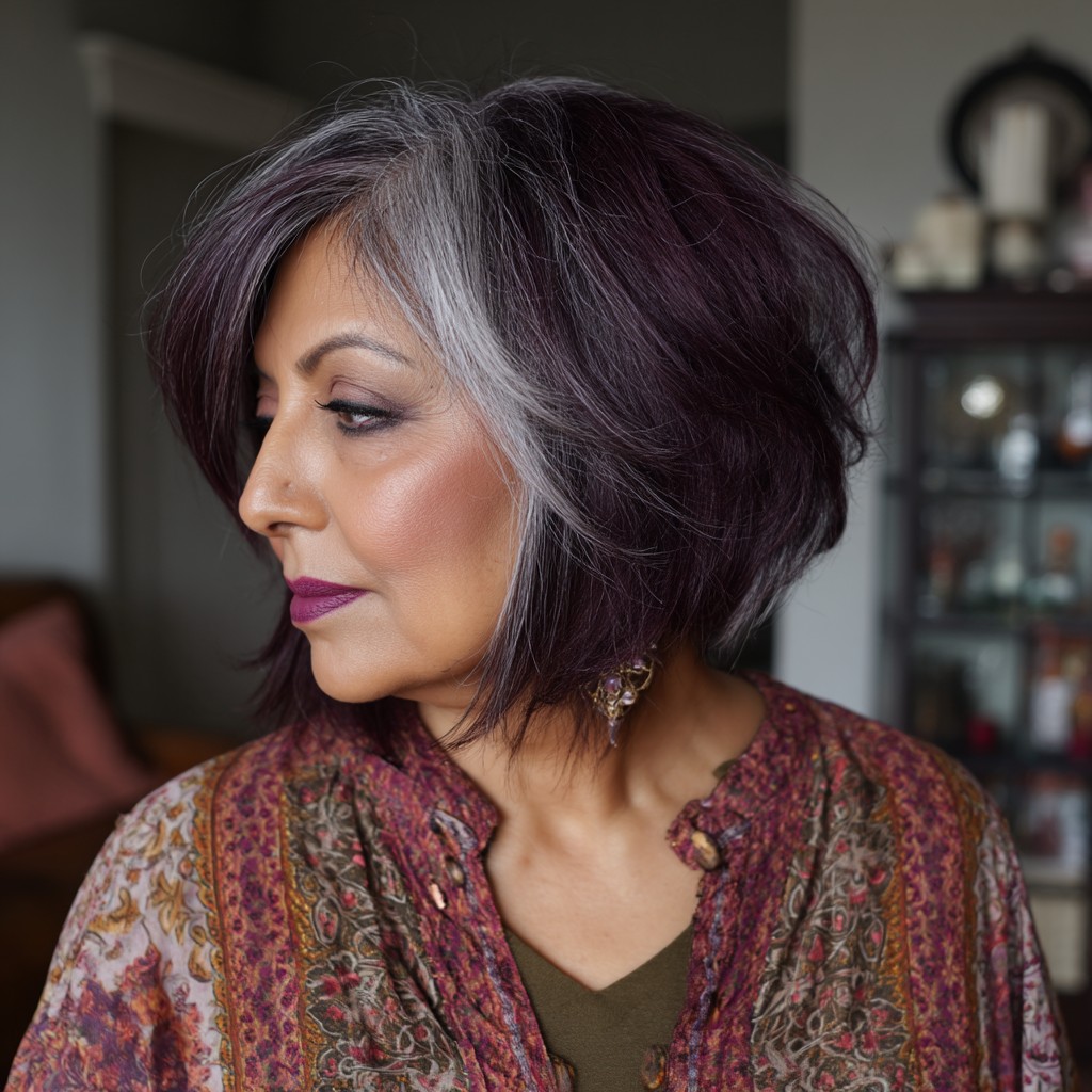 Chic Layered Angled Bob with Subtle Silver Highlights