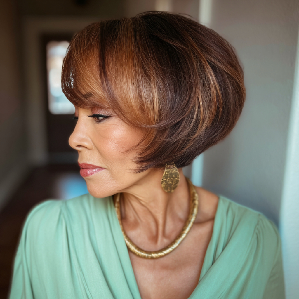 Chic Layered Angled Bob with Warm Highlights