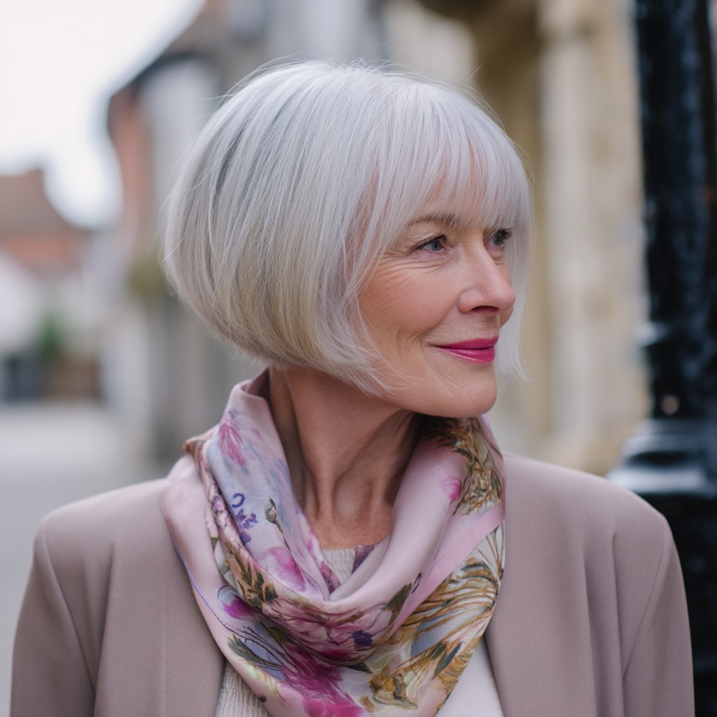 Chic Silver Angled Bob with Soft Fringe