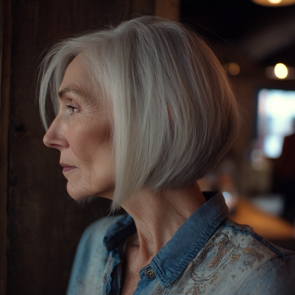 Chic Silvery Angled Bob with Side-Swept Bangs