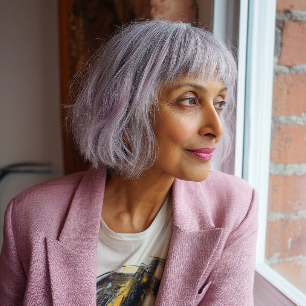 Chic Soft Lavender Shag with Wispy Bangs