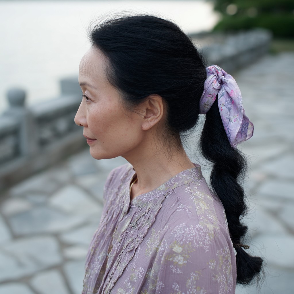 Chic Textured Ponytail with Floral Scarf