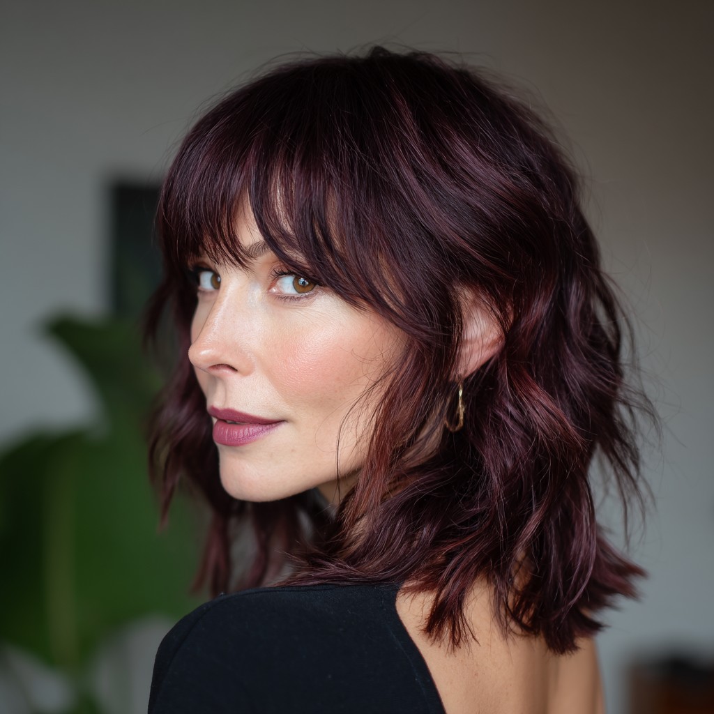 Chic Textured Shag with Subtle Burgundy Highlights