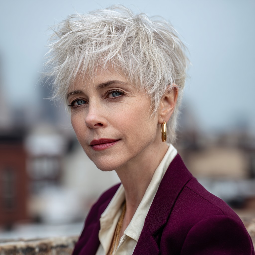 Chic Textured Silver Pixie with Playful Volume