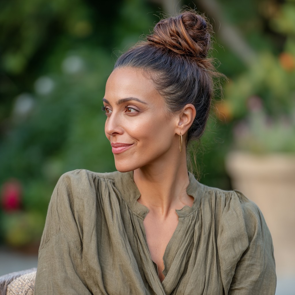 Effortless High Bun with Soft Face-Framing Layers