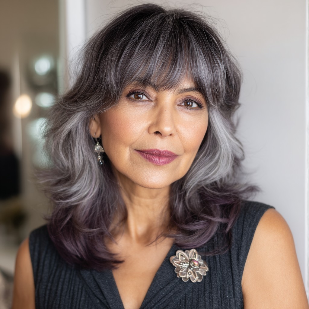 Elegant Layered Shag with Subtle Purple Highlights