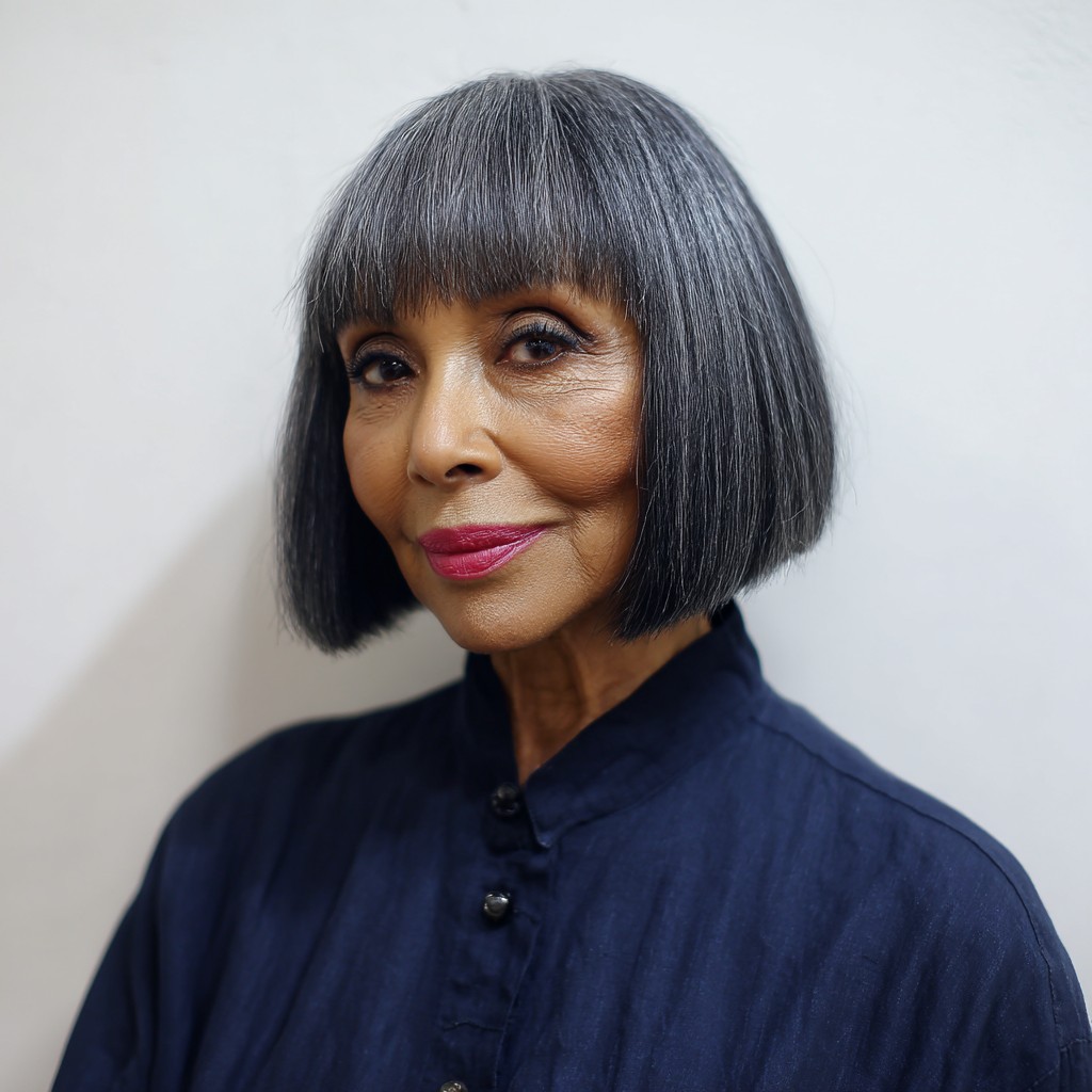 Modern Gray Angled Bob with Chic Fringe