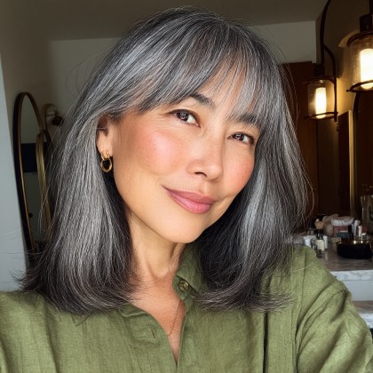 Modern Gray Hair with Soft Lowlights and Face-Framing Bangs