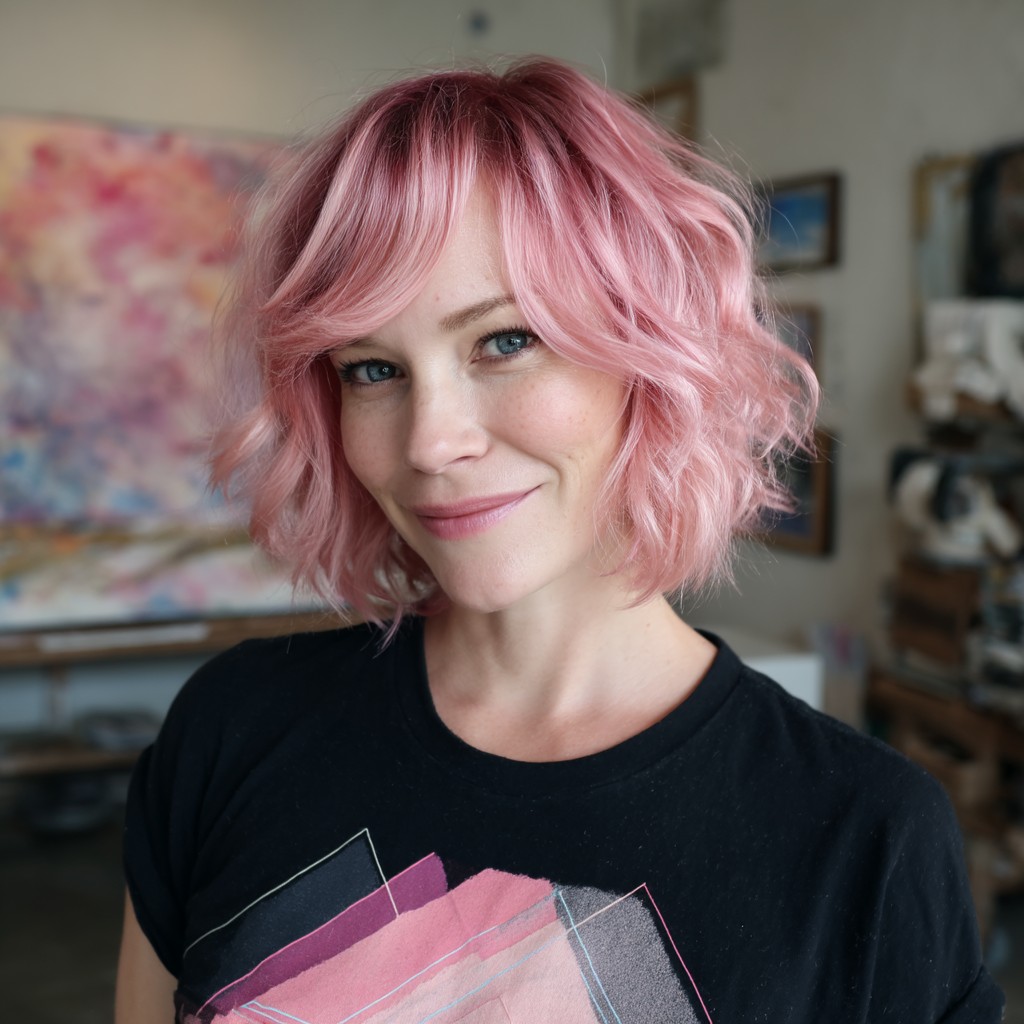 Playful Textured Bob with Soft Pink Highlights