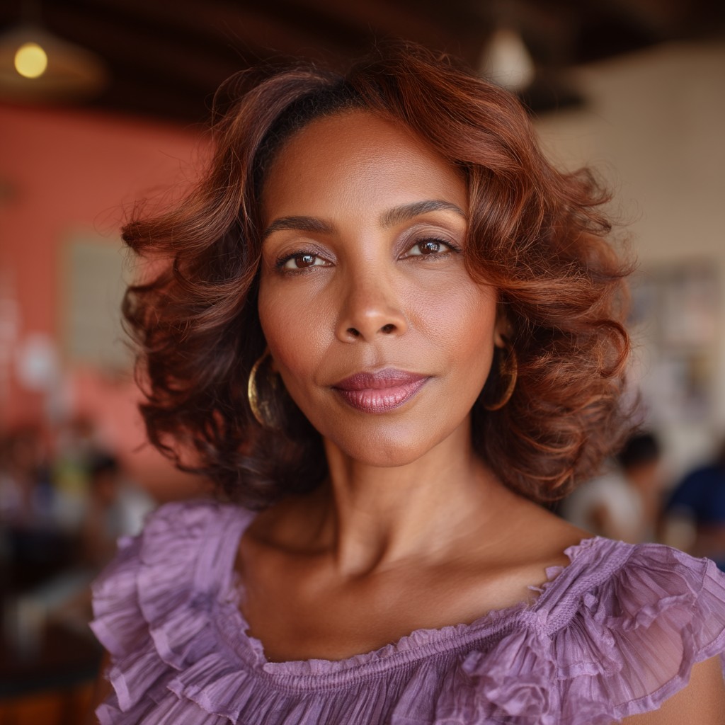 Rich Auburn Curly Butterfly Cut for Women Over 40