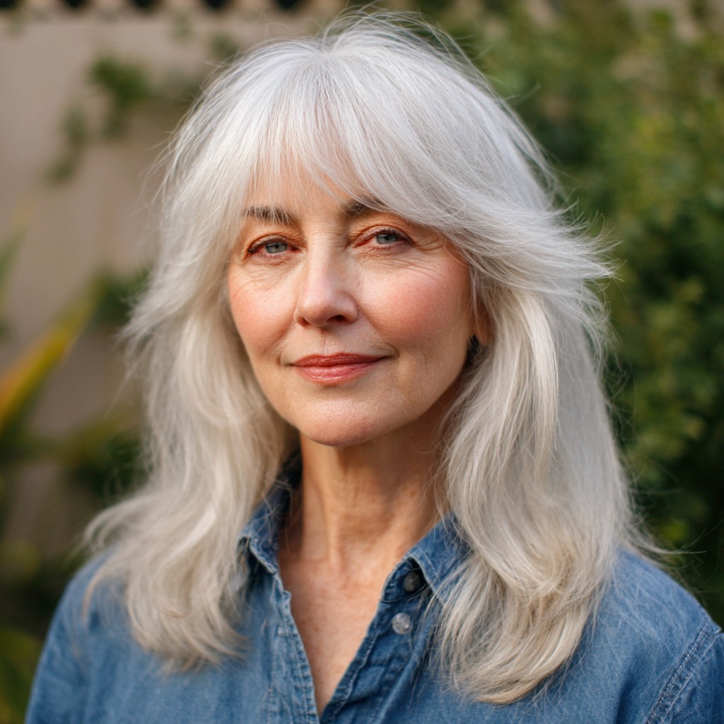 Softly Layered Silver Haircut with Subtle Face-Framing Bangs