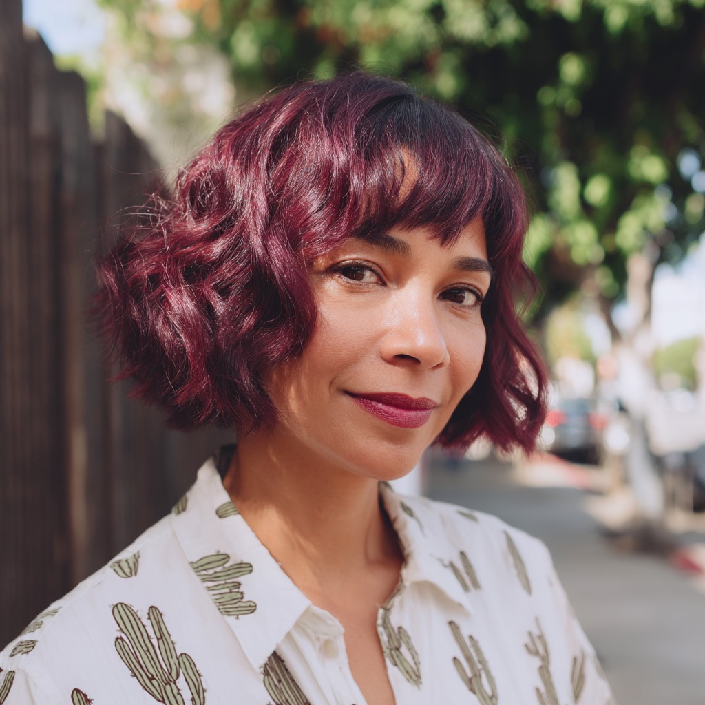 Stylish Curly Bob with Rich Burgundy Tones