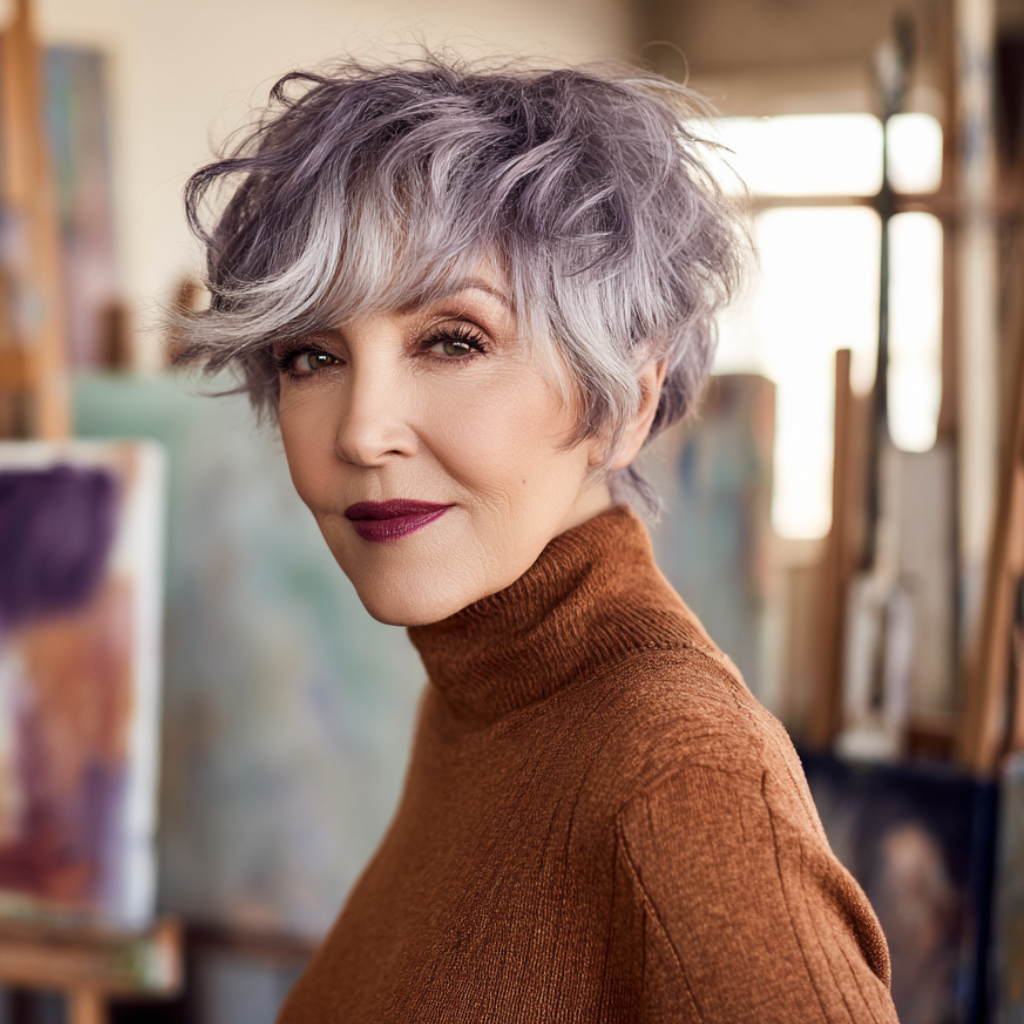 Stylish Long Pixie Cut with Soft Lavender Highlights