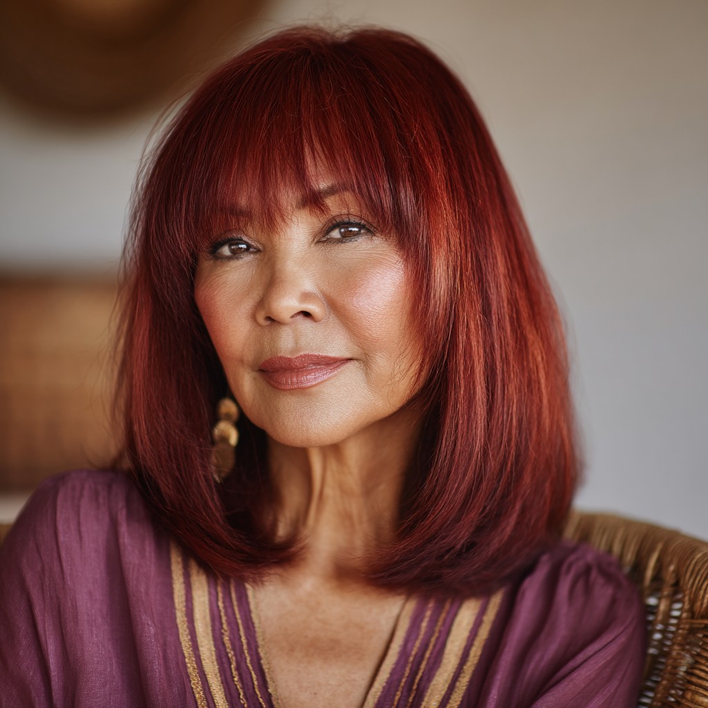 Stylish Rich Red Medium Cut with Soft Bangs