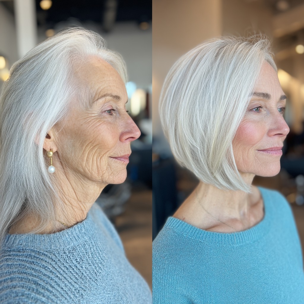 Textured Angled Bob with Bright Silver Highlights