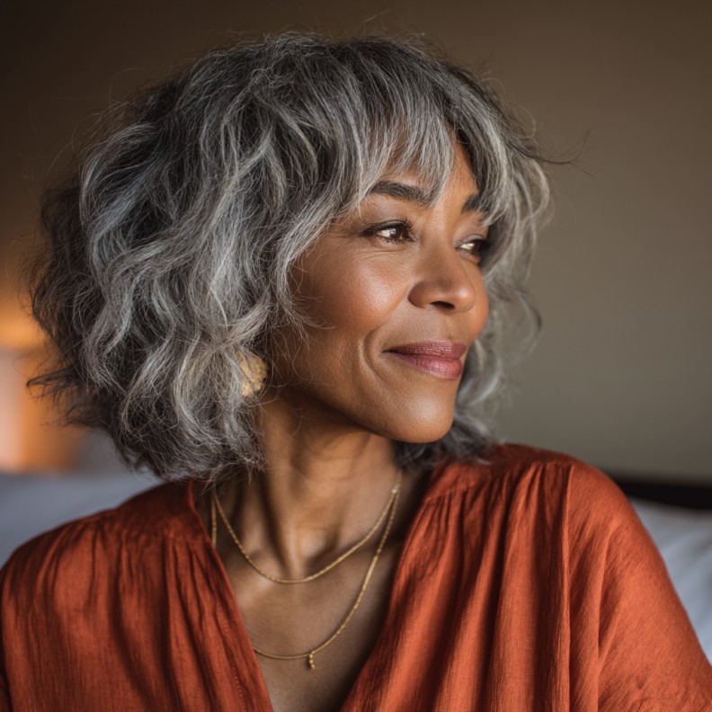 Textured Gray Shag Cut with Face-Framing Bangs