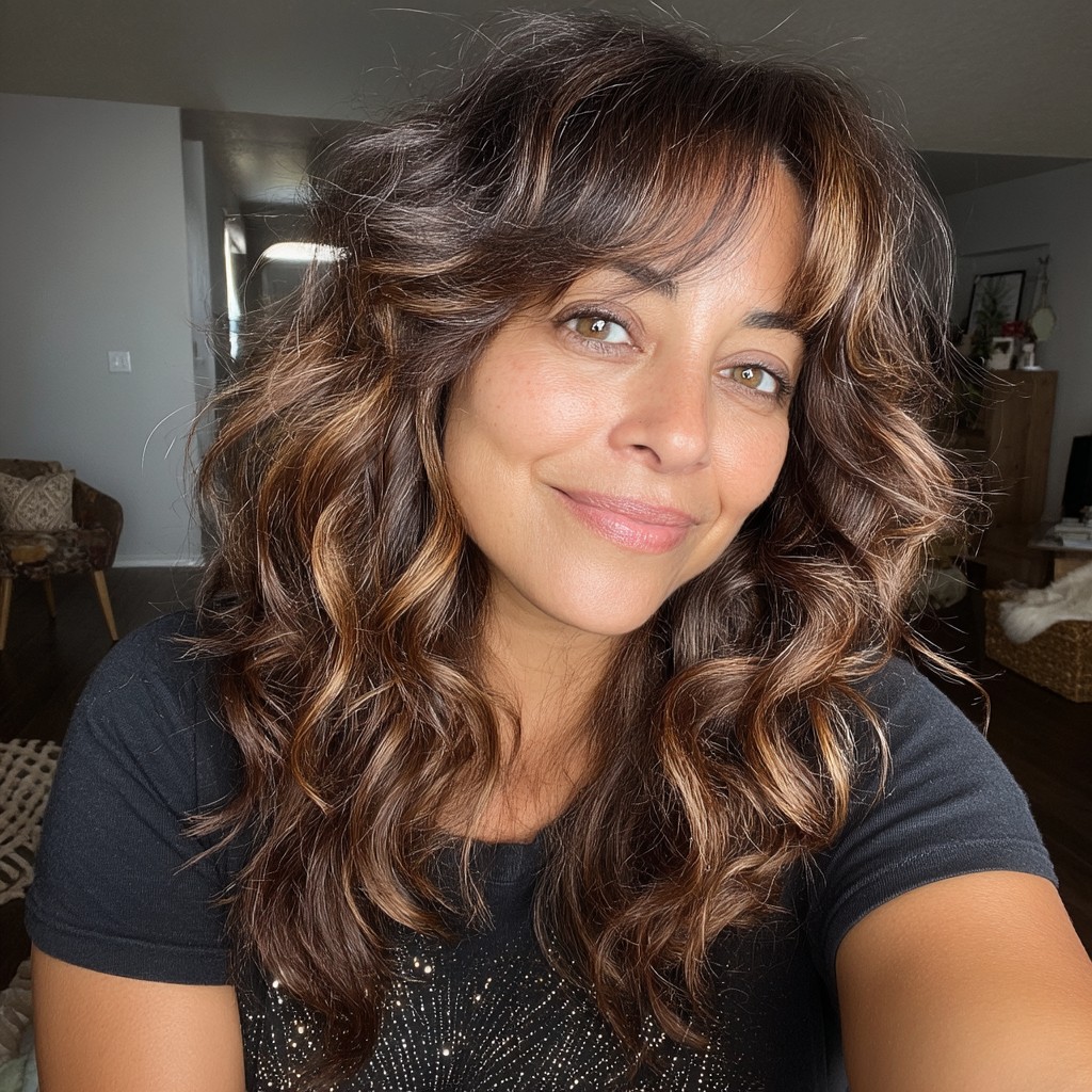 Textured Long Layers with Soft Curtain Bangs